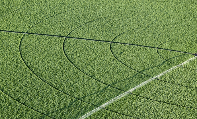 An aerial shot of a field being watered by a sprinkler system